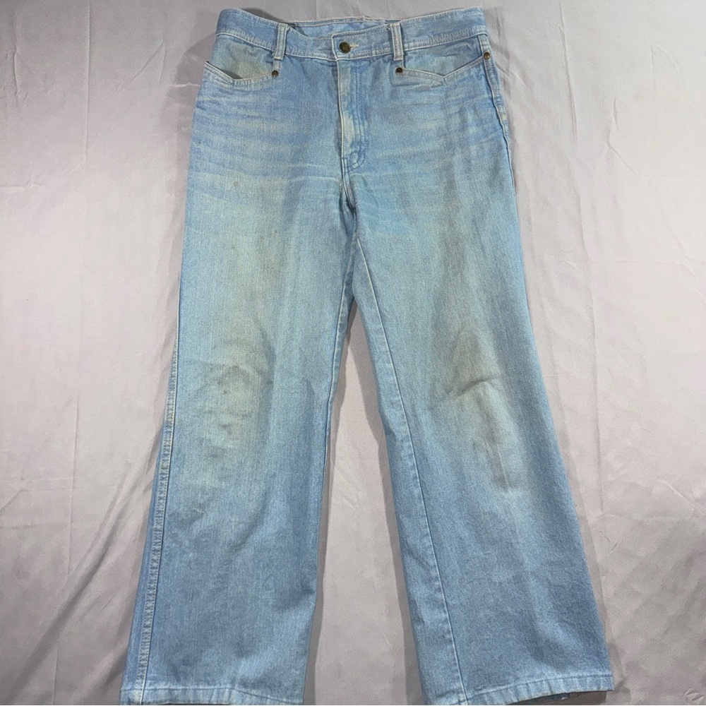 Vintage 70s French Star Wide Leg Denim Jeans with Striped Pocket Detail Size 34